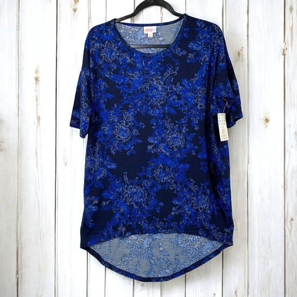 Lularoe Irma Half Sleeve Tunic High Low Polyester Blend Sz XS Blue Floral - Picture 1 of 8